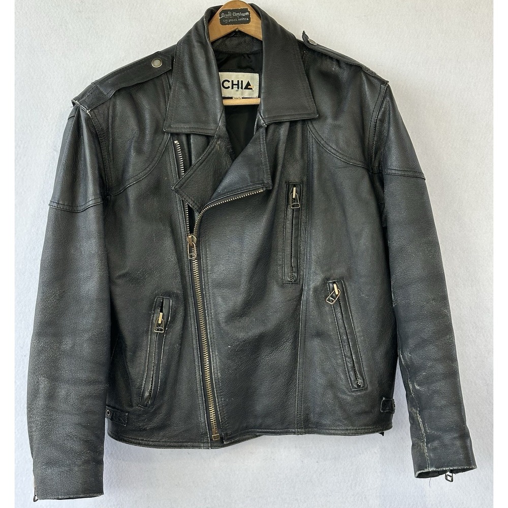 CHIA Motorcycle Zip Leather Jacket Black Men's XS VTG Retro Grunge Punk Hipster